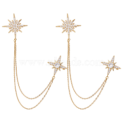 2Pcs Star with Tassel Chain Brooch Pin, Brass Cubic Zirconia Brooch for Clothing Accessories, Golden, 70mm(JEWB-NB0001-12)