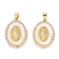 Brass Micro Pave Clear Cubic Zirconia Pendants, Long-Lasting Plated, Oval with Virgin Mary, Real 18K Gold Plated, 27.5x19x2.5mm, Hole: 4.5x3.5mm(ZIRC-M116-25G)