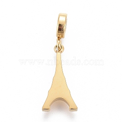 Ion Plating(IP) 304 Stainless Steel Pendants, with Tube Bails, Manual Polishing, Eiffel Tower, Golden, 18mm, Pendant: 12x6x1.8mm, Hole: 2.5mm(STAS-F259-021G)