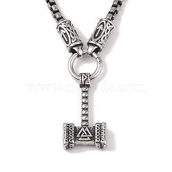 304 Stainless Steel Box Chain Viking Mjolnir Thor Hammer Pendant Necklaces for Men, Antique Silver, 23.62 inch(60cm)(NJEW-K278-11AS)