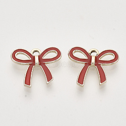 Light Gold Plated Alloy Pendants, with Enamel, Bowknot, Red, 16x18x2.5mm, Hole: 2mm(X-ENAM-T009-40B)