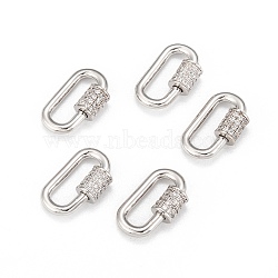 Brass Micro Pave Cubic Zirconia Screw Carabiner Lock Charms, for Necklaces Making, Long-Lasting Plated, Oval, Clear, Real Platinum Plated, 17.1x10.5x2mm(X-ZIRC-G160-22P)
