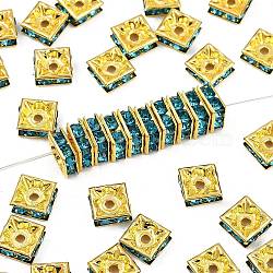 Brass Rhinestone Spacer Beads, Grade A, Square, Nickel Free, Golden, Aquamarine, 8x8x4mm, Hole: 1mm(RSB074NF-13G)