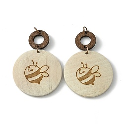 Flat Round & Ring Poplar Wood Engrave Big Pendants, with Iron Jump Ring, Bees, 58.5x39.5x5mm, Hole: 5mm(WOOD-G019-05B)
