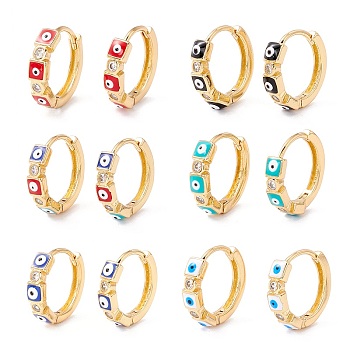 Square with Evil Eye Enamel Huggie Hoop Earrings for Women, Real 18K Gold Plated Cubic Zirconia Small Hoop Earrings, Mixed Color, 3x14mm, Pin: 1mm