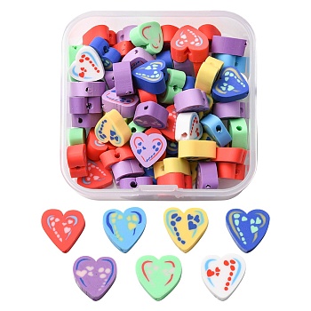 65Pcs Handmade Polymer Clay Beads, Heart, Mixed Color, 8~11x9~10.5x4~5mm, Hole: 1.2~1.6mm