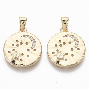 Brass Micro Pave Cubic Zirconia Pendants, Nickel Free, Flat Round, Clear, Real 18K Gold Plated, 18.5x16x2mm, Hole: 2x3mm