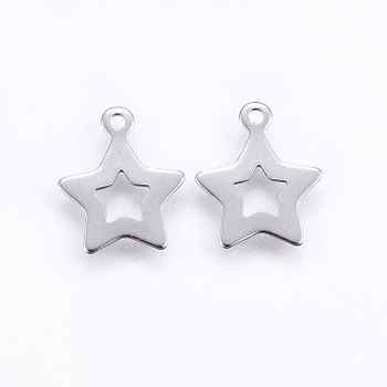 304 Stainless Steel Charms, Star, Stainless Steel Color, 12x10x0.5mm, Hole: 1mm