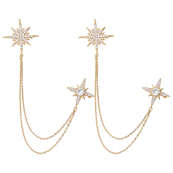 2Pcs Star with Tassel Chain Brooch Pin, Brass Cubic Zirconia Brooch for Clothing Accessories, Golden, 70mm