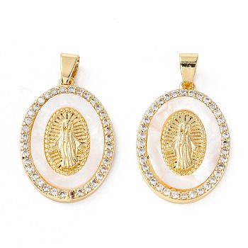Brass Micro Pave Clear Cubic Zirconia Pendants, Long-Lasting Plated, Oval with Virgin Mary, Real 18K Gold Plated, 27.5x19x2.5mm, Hole: 4.5x3.5mm