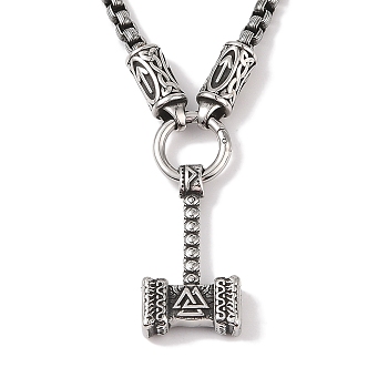 304 Stainless Steel Box Chain Viking Mjolnir Thor Hammer Pendant Necklaces for Men, Antique Silver, 23.62 inch(60cm)