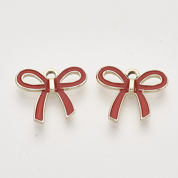 Light Gold Plated Alloy Pendants, with Enamel, Bowknot, Red, 16x18x2.5mm, Hole: 2mm