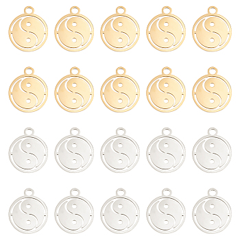 20Pcs 2 Colors 201 Stainless Steel Pendants, Laser Cut, Manual Polishing, Flat Round with Yin Yang, Mixed Color, 14x12x1mm, Hole: 1.6mm, 10pcs/color