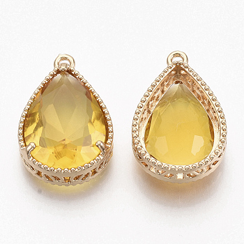 Faceted Glass Pendants, with Golden Tone Brass Open Back Settings, Teardrop, Goldenrod, 23x15.5x6.5mm, Hole: 1.5mm