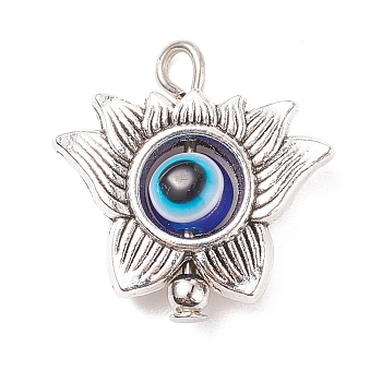 Tibetan Style Alloy Pendants, with Evil Eye Resin Beads, Flower, Antique Silver, 20x19.5x6mm, Hole: 2.3mm