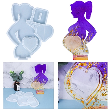 Pregnant Woman with Heart Picture Frame Food Grade Silicone Molds, for UV Resin, Epoxy Resin Craft Making, for Mother's Day, Ghost White, 270x220x10mm