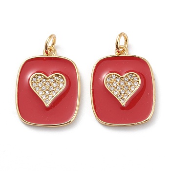 Brass Micro Pave Clear Cubic Zirconia Pendants, with Red Enamel, Long-Lasting Plated, With Jump Rings, Rectangle with Heart, Real 18K Gold Plated, 19x15x2mm, Hole: 3mm, Jump Ring: 5x1mm