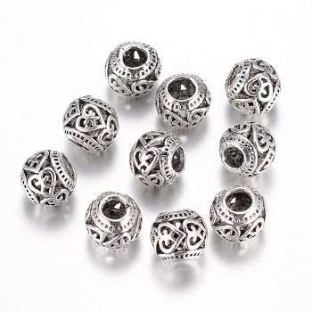 Alloy European Beads, Rondelle, Large Hole Beads, Hollow, Antique Silver, 10x9mm, Hole: 5mm