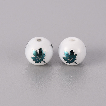 Electroplate Glass Beads, Round, Maple Leaf Pattern, Green Plated, 10mm, Hole: 1.2mm