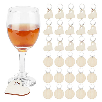 Blank Wood Wine Glass Charms, with Brass Findings, Flat Round & Heart, Cornsilk, 73~80mm, 2 style, 15pcs/style, 30pcs/set