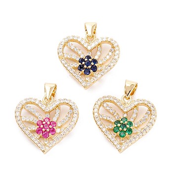 Brass Micro Pave Cubic Zirconia Pendants, Long-Lasting Plated, Heart, Mixed Color, 17.5x18x4mm, Hole: 4.4x3.2mm