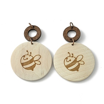 Flat Round & Ring Poplar Wood Engrave Big Pendants, with Iron Jump Ring, Bees, 58.5x39.5x5mm, Hole: 5mm