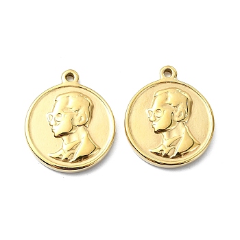 304 Stainless Steel Pendants, Flat Round with Human Charm, Real 14K Gold Plated, 21x18x2.8mm, Hole: 1.5mm