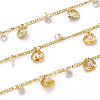 3.28 Feet Handmade Brass Curb Chains, with Clear Cubic Zirconia, Acrylic Imitation Pearl Charms, Long-Lasting Plated, Soldered, Shell Shape, Golden, Link: 2x1.6x0.3mm and 3.5x1.7x0.3mm