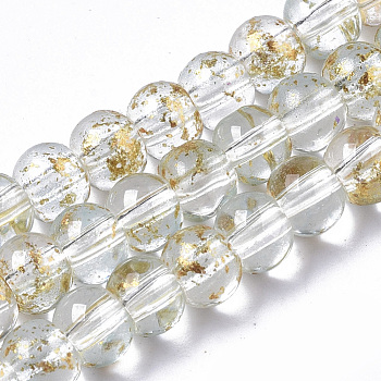 Transparent Spray Painted Glass Bead Strands, with Golden Foil, Round, Clear, 4~5mm, Hole: 0.9~1.2mm, about 95~103pcs/Strand, 13.78 inch~14.88 inch(35~37.8cm)