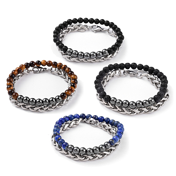 Unisex Stretch Bracelet and Chain Bracelet Jewelry Sets, Stackable Bracelets, with Natural & Synthetic Gemstone Beads, 304 Stainless Steel Wheat Chains and Burlap Bag, Round, Stretch Bracelet: 2-1/4 inch(5.85cm), Chain Bracelet: 7-1/4 inch(18.5cm), 2pcs/set