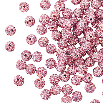 100Pcs Polymer Clay Rhinestone Beads, Pave Disco Ball Beads, Round, Light Rose, PP13(1.9~2mm), 5 Rows Rhinestone, 8mm, Hole: 1mm
