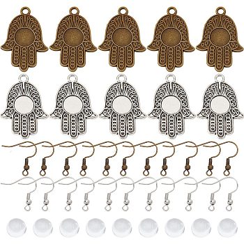 DIY Blank Dome Earrings Making Kit, Include Hamsa Hand Alloy Pendant with Tray, Half Round Glass Cabochons, Brass Earring Hooks, Antique Bronze & Antique Silver, 120Pcs/box