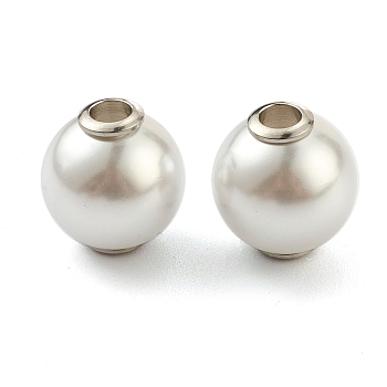 Plastic Imitation Pearl Beads, with Stainless Steel Color Plated 304 Stainless Steel Cores, Round, White, 12x13mm, Hole: 3.5mm