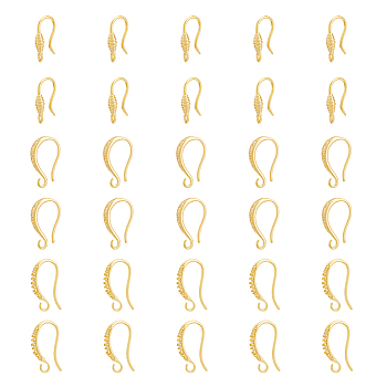 DICOSMETIC 30Pcs 3 Style Rack Plating Brass Earring Hooks, with Loops, Long-Lasting Plated, Lead Free & Cadmium Free, Golden, 14~17x0.3~2.5mm, Hole: 1.2~2.2mm, 21 Gauge, Pin: 0.7mm, 10Pcs/style