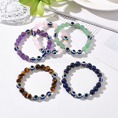 5 pièces de lapis-lazuli naturel (teint) & améthyste & oeil de tigre & perles d'aventurine verte ensemble de bracelets extensibles(BJEW-JB08936)-2