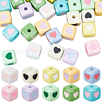 40Pcs Opaque Acrylic Enamel Beads, Cube with Heart Beads, Mixed Color, 12.6x12.5x12.5mm, Hole: 3mm(OACR-PA0001-92)