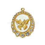 304 Stainless Steel Enamel Pendants, Oval with Butterfly Charms, with Glitter Powder & Rhinestone, Ion Plating(IP), Real 18K Gold Plated, White, 22x16mm(STAS-OY005-39G)