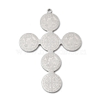304 Stainless Steel Pendants, Cross with Saint Benedict Charm, Lead Free & Cadmium Free & Nickel Free, Stainless Steel Color, 48x34x1mm, Hole: 1.5mm(STAS-H247-11P)