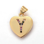 Brass Micro Pave Cubic Zirconia Pendants, Heart with Letter, Colorful, Letter.Y, 17x15x1.5mm, Hole: 3.5x4.5mm(ZIRC-F093-57G-Y)