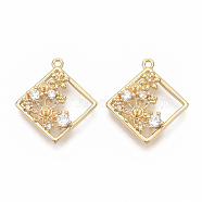 Brass Micro Pave Clear Cubic Zirconia Peg Bails Pendants, for Half Drilled Beads, Nickel Free, Real 18K Gold Plated, Rhombus with Flower, 21x19x3mm, Hole: 1.2mm, Diagonal Length: 21mm, Side Length: 14mm, Pin: 0.8mm(KK-T051-11G-NF)