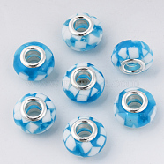 Resin European Beads, Large Hole Beads, with Platinum Tone Brass Double Cores, Rondelle, Deep Sky Blue, 14x9mm, Hole: 5mm(RPDL-N015-01E)