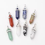 Natural Mixed Gemstone Double Terminated Pointed Pendants, with Random Alloy Pendant Hexagon Bead Cap Bails, Bullet, Platinum, 36~45x12mm, Hole: 3x5mm, Gemstone: 10mm in diameter(G-F295-04)
