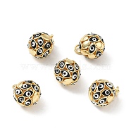Brass Enamel Charms, with Jump Ring, Golden, Round with Evil Eye, Black, 14.5x12mm(FIND-A009-01A)
