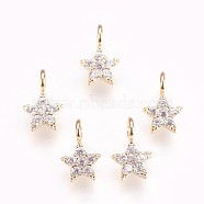Brass Micro Pave Cubic Zirconia Charms, Nickel Free, Star, Clear, Real 18K Gold Plated, 8x5x1.5mm, Hole: 1.8mm(KK-P157-07G-NF)