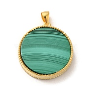 Rack Plating 925 Sterling Silver Pave Natural Malachite Pendants, Long-Lasting Plated, Flat Round Charms, Real 18K Gold Plated, 24.5x22x4mm, Hole: 5x3.5mm(G-K352-01G)