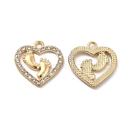 Alloy Crystal Rhinestone Pendants, Heart with Footprint Charm, Light Gold, 18x17.5x2mm, Hole: 1.8mm(PALLOY-B009-09KCG)