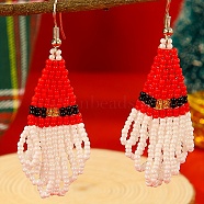 Christmas Style Tassel Dangle Earrings, with Hat Pattern Glass Beads Handmade, Platinum, Red, 65x30mm(XG3371)