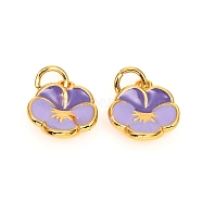 Brass Enamel Charms, Long-Lasting Plated, Flower, Real 18K Gold Plated, Lilac, 12x10.5x3.5mm, Hole: 3mm(X-ZIRC-F816-02C-G)