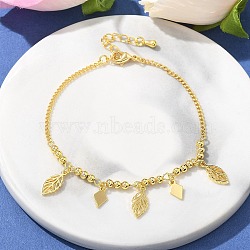 Brass Charm Bracelets, Curb Chains Bracelets for Women, Leaf, Real 18K Gold Plated, 6-3/4 inch(17.3cm)(BJEW-U020-07G)