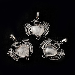 Natural Quartz Crystal Heart Pendants, Rock Crystal, Dragon Charms, with Rack Plating Antique Silver Plated Brass Findings, Lead Free & Cadmium Free, 33x33.5~34x7~7.5mm, Hole: 8x5mm(KK-K331-01AS-07)